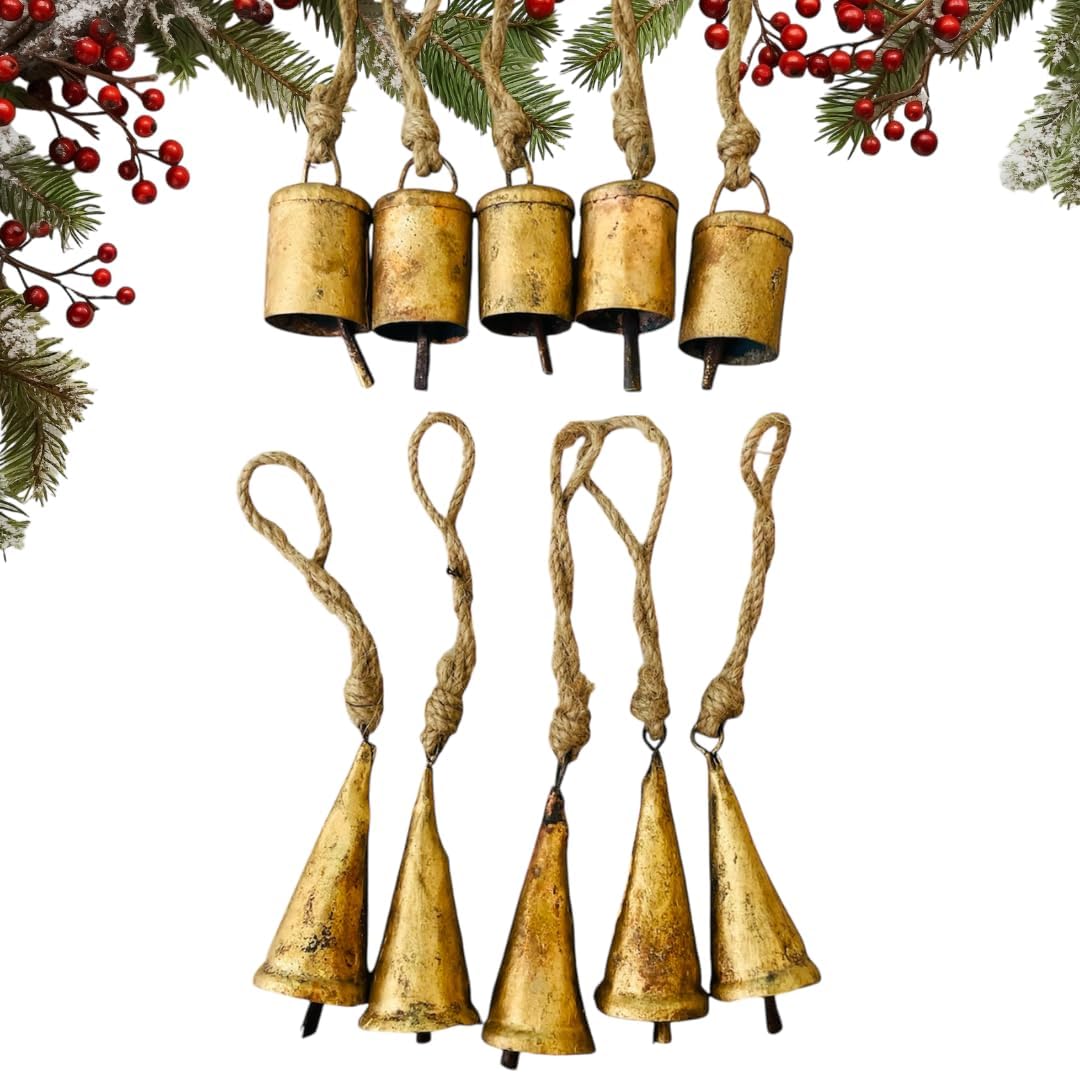 QIHE-Set of 10 Rustic Vintage Christmas Bells, Tin Bells on Jute Rope ...
