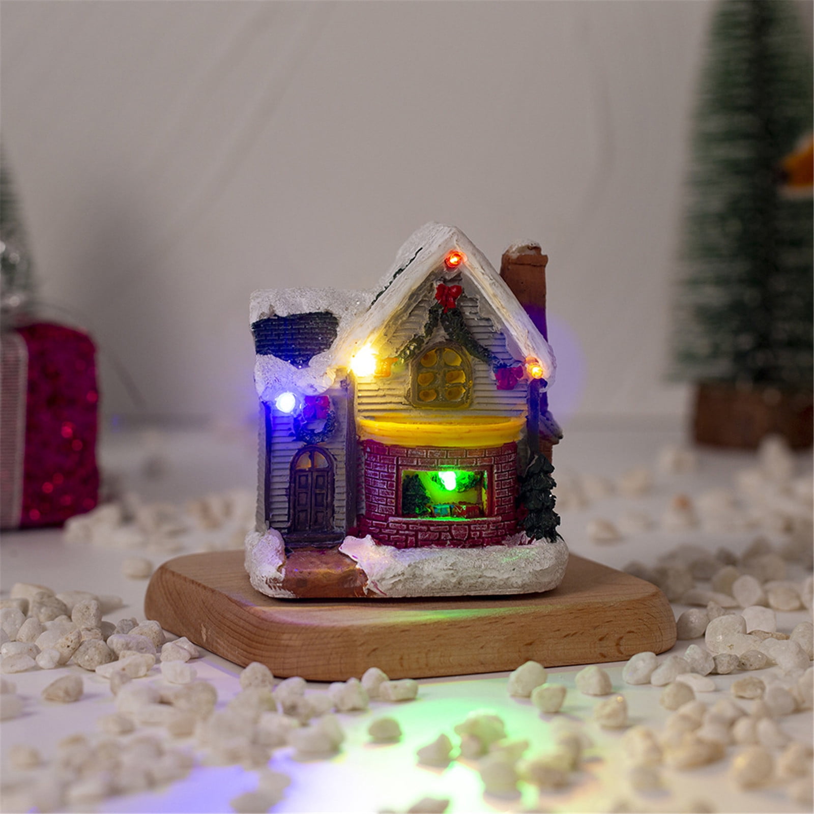 QIIBURR Warm White Battery Operated Christmas Lights Resin Christmas Scene Village House Town