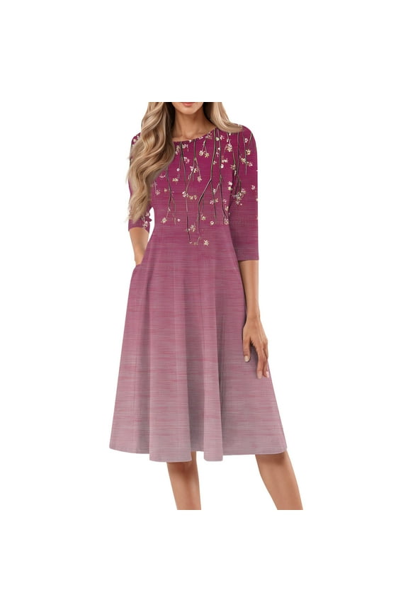 Petite Women Dresses Spring Summer 3/4 Sleeve Holiday Boho Floral Casual Sundress Crew Neck Vacation Midi Dress A-Line Flowy Swing Wedding Guest Dresses with Pockets Light pink 2XL