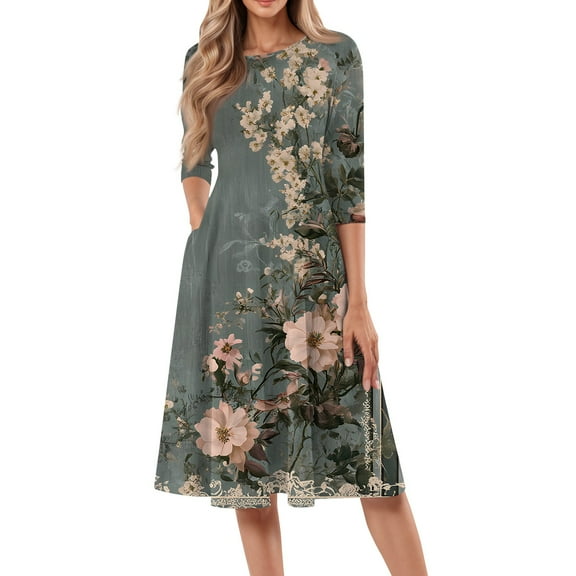 QIJIE Petite Women Dresses Spring Summer 3/4 Sleeve Holiday Boho Floral Casual Sundress Crew Neck Vacation Midi Dress A-Line Flowy Swing Wedding Guest Dresses with Pockets Army Green L