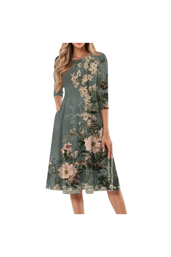Petite Women Dresses Spring Summer 3/4 Sleeve Vacation Boho Floral Casual Sundress A-Line Holiday Midi Dress Crew Neck Flowy Swing Wedding Guest Dresses with Pockets Army Green XL