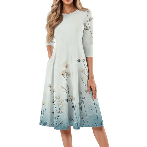 QIJIE Petite Women Dresses Spring Summer 3/4 Sleeve Holiday Boho Floral Casual Sundress Crew Neck Vacation Midi Dress A-Line Flowy Swing Wedding Guest Dresses with Pockets White 2XL