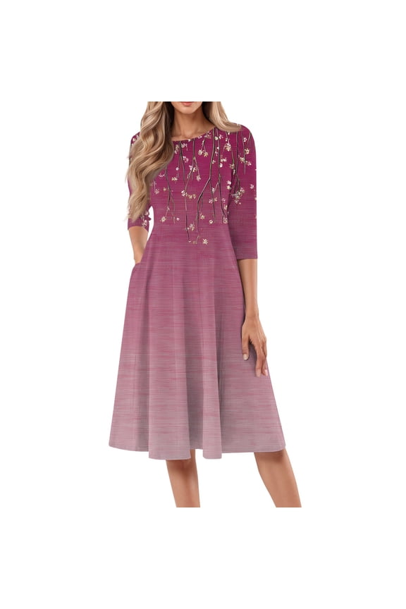 Petite Women Dresses Spring Summer 3/4 Sleeve Holiday Boho Floral Casual Sundress Crew Neck Vacation Midi Dress A-Line Flowy Swing Wedding Guest Dresses with Pockets Light pink S