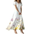 thumbnail image 1 of QIJIE Petite Women Dresses Spring Summer Floral Swing Ruffled Short Sleeve Elegant V Neck Maxi Dress A-Line Casual Sundress Beach Boho Cocktail Party Dresses White XS, 1 of 5
