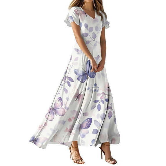 QIJIE Petite Women Dresses Spring Summer Floral Swing Ruffled Short Sleeve Elegant V Neck Maxi Dress A-Line Casual Sundress Beach Boho Cocktail Party Dresses Light Purple XL