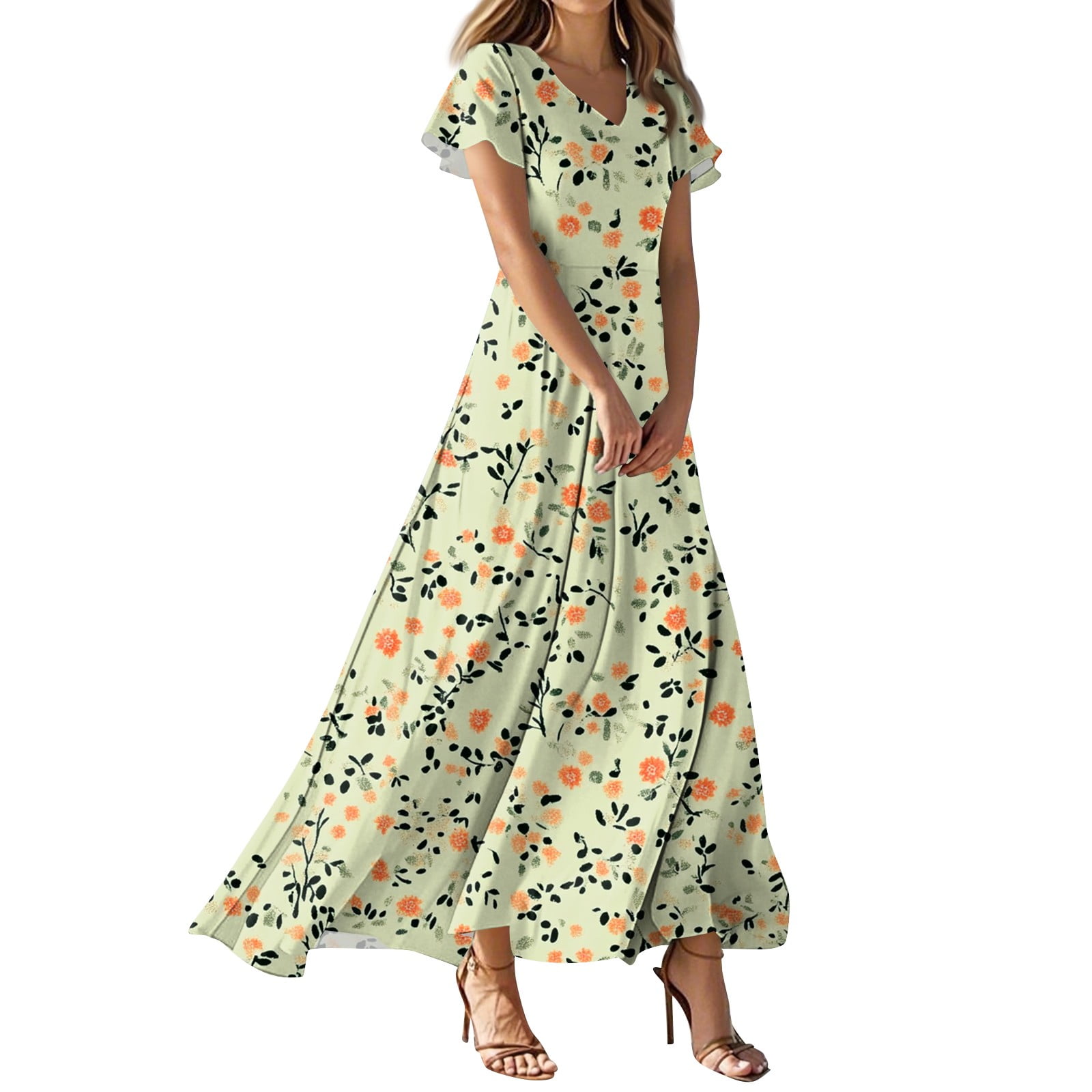 QIJIE Petite Women Dresses Spring Summer Floral Swing Ruffled Short Sleeve  Elegant V Neck Maxi Dress A-Line Casual Sundress Beach Boho Cocktail Party  Dresses Yellow M - Walmart.com