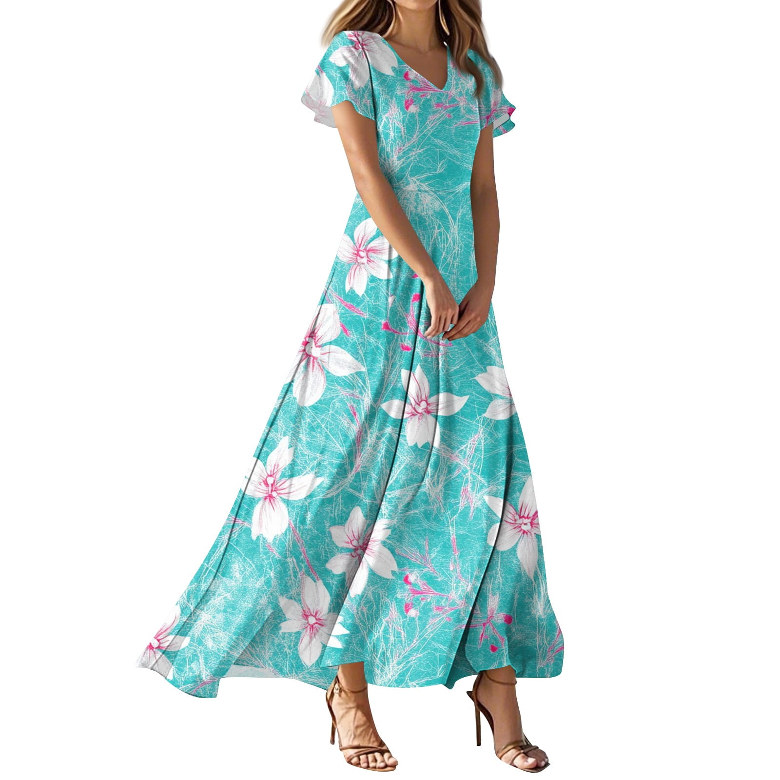 QIJIE Petite Women Dresses Spring Summer V Neck Casual Floral Holiday ...