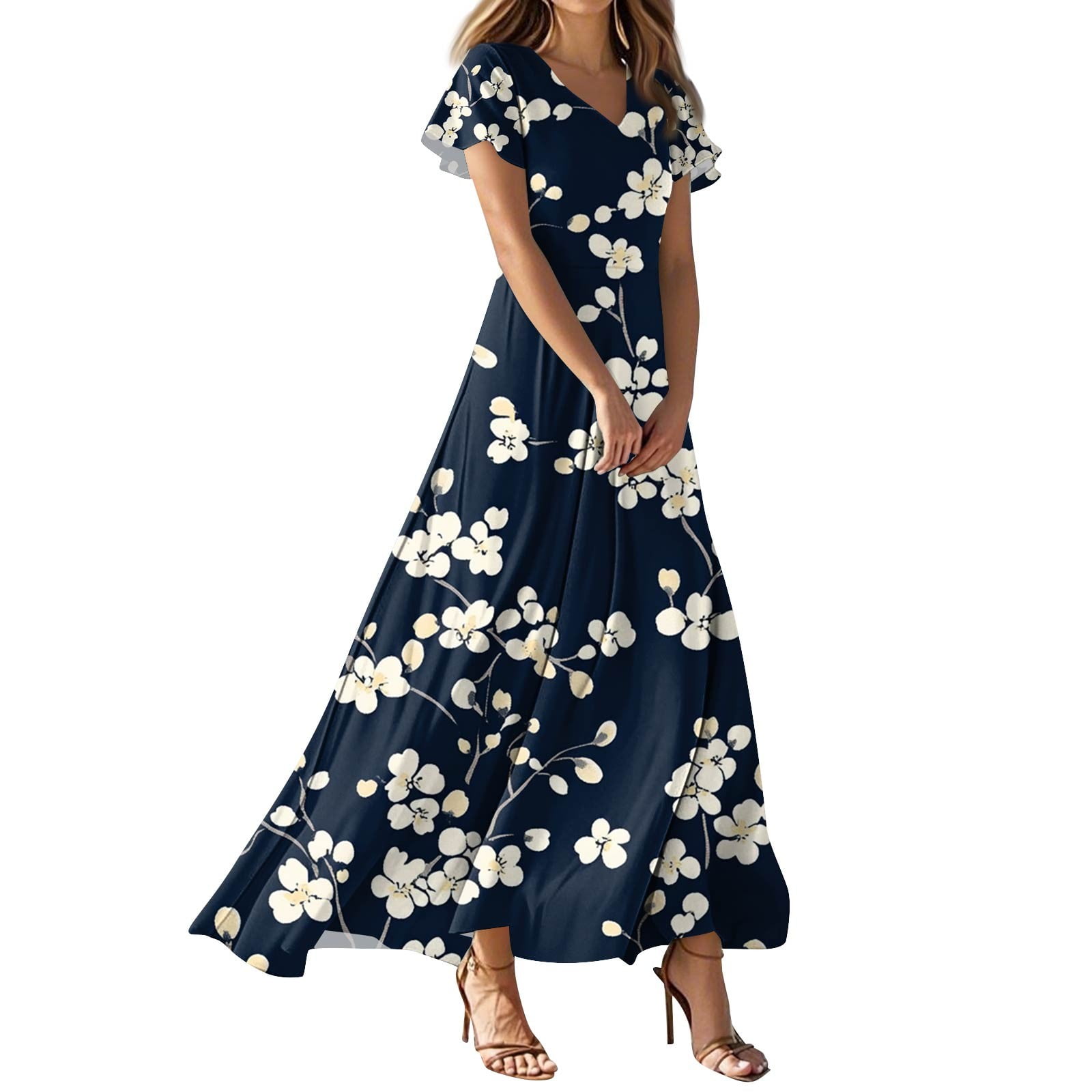 Qijie Petite Women Dresses Spring Summer V Neck Vacation Ruffled Short Sleeve Holiday Floral Maxi Dress A-Line Elegant Sundress Boho Beach Wedding