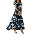 thumbnail image 1 of QIJIE Petite Women Dresses Spring Summer V Neck Vacation Ruffled Short Sleeve Holiday Floral Maxi Dress A-Line Elegant Sundress Boho Beach Wedding Guest Dresses Navy XS, 1 of 5