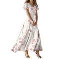 thumbnail image 1 of QIJIE Petite Women Dresses Spring Summer V Neck Vacation Ruffled Short Sleeve Holiday Floral Maxi Dress A-Line Elegant Sundress Boho Beach Wedding Guest Dresses Pink S, 1 of 5