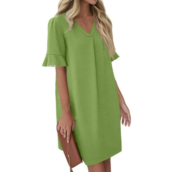 QIJIE Shirt Dress for Women V Neck Short Sleeves Solid Color Casual Flowy Summer Dresses(S-2XL) Army Green S