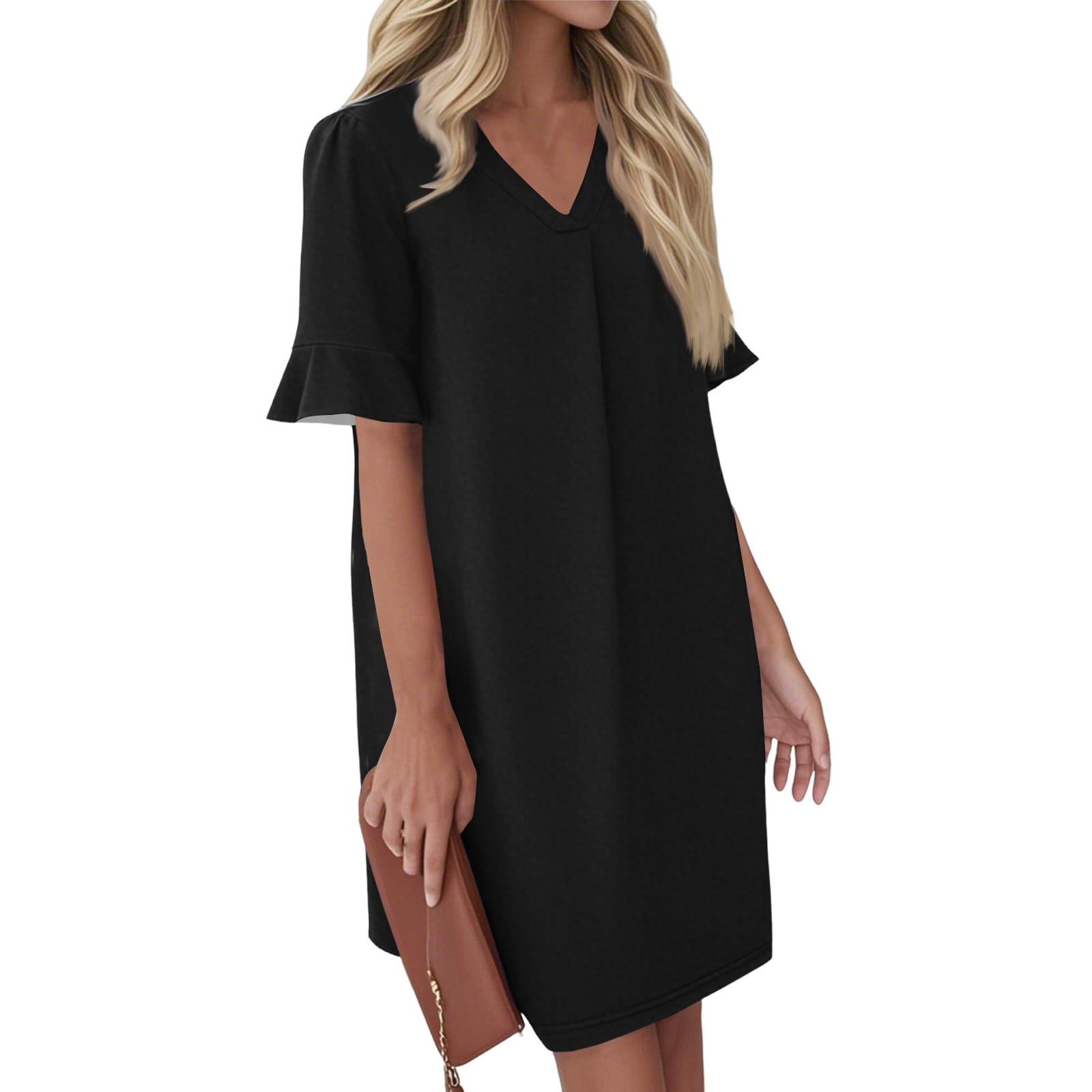 womens black shift dress QIJIE Shift Dress for Women V Neck Short Sleeves Solid Color Casual Flowy  Summer Dresses(S-2XL) Black XL