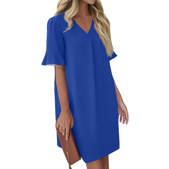 QIJIE Shirt Dress for Women V Neck Short Sleeves Solid Color Casual Flowy Summer Dresses(S-2XL) Blue 2XL