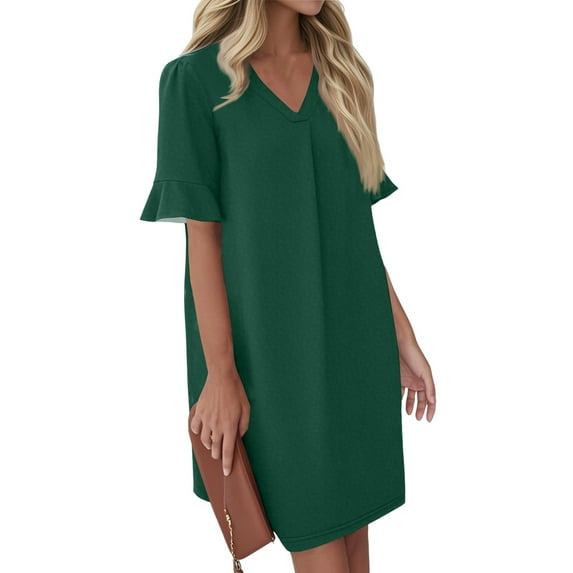 QIJIE Shift Dress for Women V Neck Short Sleeves Solid Color Casual Flowy Summer Dresses(S-2XL) Dark Green XL