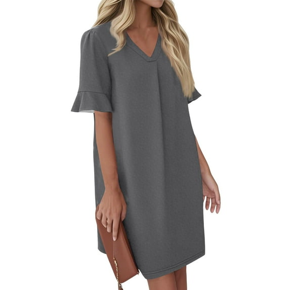 QIJIE Shift Dress for Women V Neck Short Sleeves Solid Color Casual Flowy Summer Dresses(S-2XL) Gray 2XL