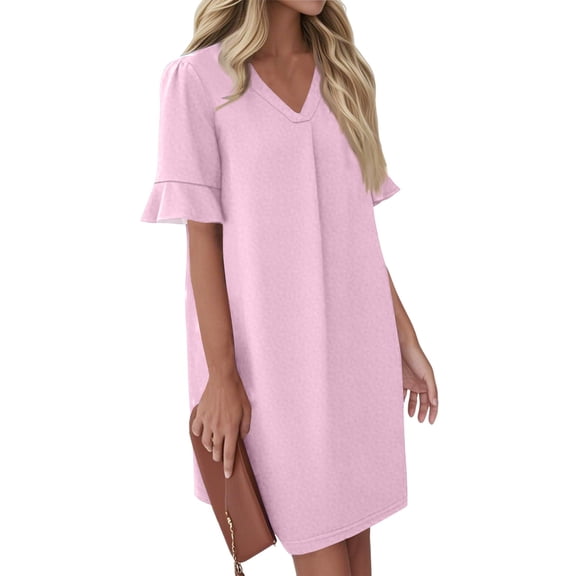 QIJIE Shift Dress for Women V Neck Short Sleeves Solid Color Casual Flowy Summer Dresses(S-2XL) Pink L