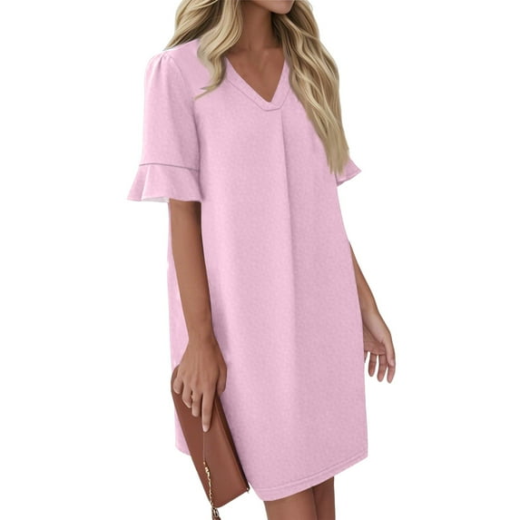 QIJIE Shift Dress for Women V Neck Short Sleeves Solid Color Casual Flowy Summer Dresses(S-2XL) Pink S