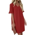 thumbnail image 1 of QIJIE Shift Dress for Women V Neck Short Sleeves Solid Color Casual Flowy Summer Dresses(S-2XL) Red XL, 1 of 5