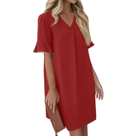 QIJIE Shift Dress for Women V Neck Short Sleeves Solid Color Casual Flowy Summer Dresses(S-2XL) Red XL