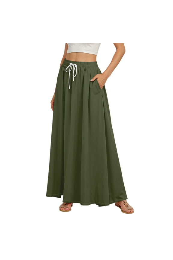 Skirts for Women 3-Layer Tiered Soft High Waist Maxi Plus Size Skirts Elastic Swing Flowy A-Line Trendy Long Length Skirts with Pockets Army Green 2XL