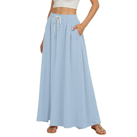 QIJIE Skirts for Women Elastic Swing Peasant Cotton Maxi Plus Size Skirts 3-Layer Tiered Long Length A-Line Trendy Flowy Skirts with Pockets Light Blue S