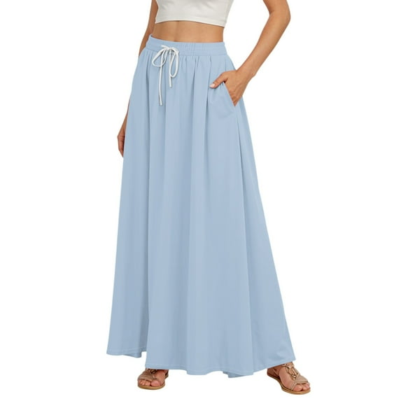 QIJIE Skirts for Women Elastic Swing Peasant Cotton Maxi Plus Size Skirts 3-Layer Tiered Long Length A-Line Trendy Flowy Skirts with Pockets Light Blue XL