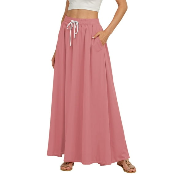 QIJIE Skirts for Women Elastic Swing Summer Cotton Maxi Plus Size Skirts Drawstring Long Length A-Line Trendy Flowy Skirts with Pockets Pink L
