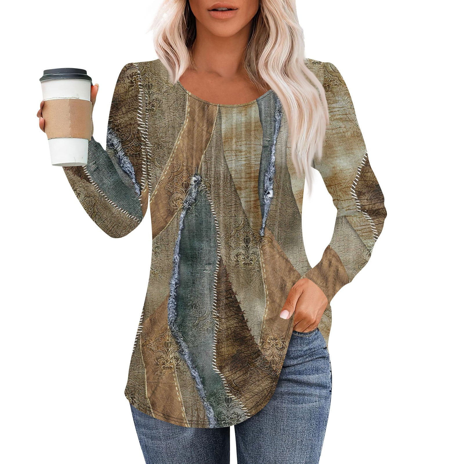 QIJIE Tops for Women Long Sleeve Crew Neck Tshirts Shirts Graphic Loose