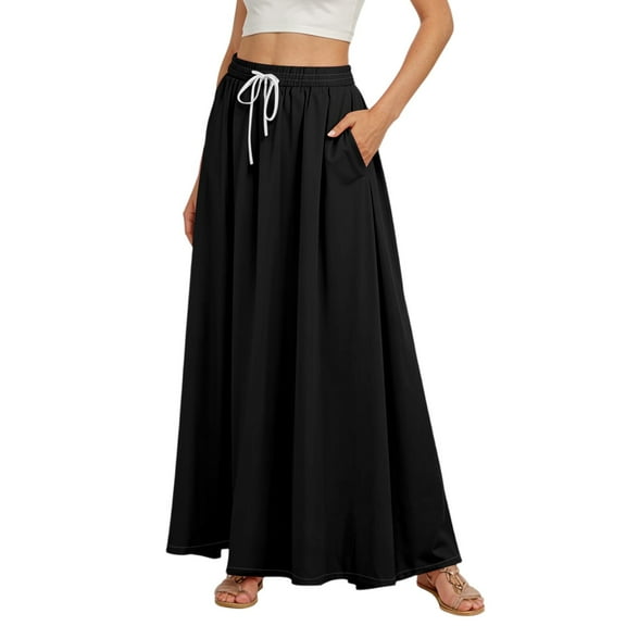 QIJIE Women's Skirts 3-Layer Tiered Soft Maxi Drawstring Flowy Skirts Elastic Swing Long Length Ruffle Plus Size Trendy Skirts with Pockets Black 2XL
