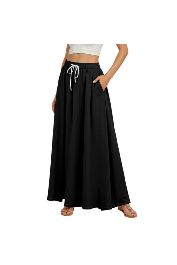 Women's Skirts 3-Layer Tiered Soft Maxi Drawstring Flowy Skirts Elastic Swing Long Length Ruffle Plus Size Trendy Skirts with Pockets Black 2XL