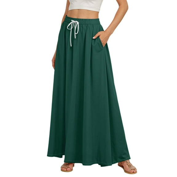 QIJIE Women's Skirts Ruffle Soft Maxi 3-Layer Tiered Plus Size Skirts Drawstring Flowy Elastic Swing Long Length Trendy Skirts with Pockets Turquoise 2XL