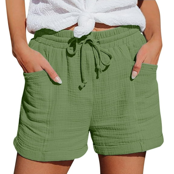 QIJUNTUO ​Beige Women's Fashion High Waist Shorts Double Layer Casual Loose Fit Summer Cotton Blend Elastic Waist Shorts​ Mint Green