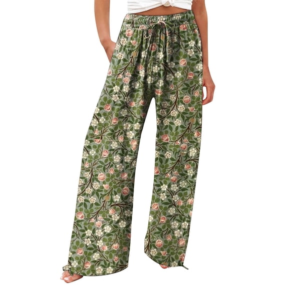 QIJUNTUO Casual And Fashionable Beach Elastic Waist Wide Leg Pants With Colorful Floral Print Pockets Pants for Women Trendy Army Green