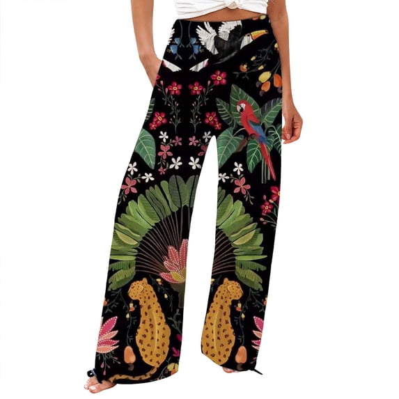 QIJUNTUO Casual And Fashionable Beach Elastic Waist Wide Leg Pants With Colorful Floral Print Pockets Pants for Women Trendy Black