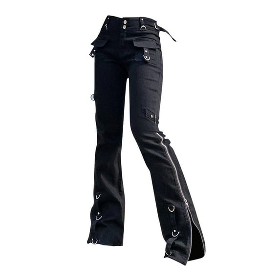 QIJUNTUO Jeans Women Aesthetic Dark Goth Pants Academia Vintage Streetwear Punk Straight Casual Denim Trousers High Waisted Black