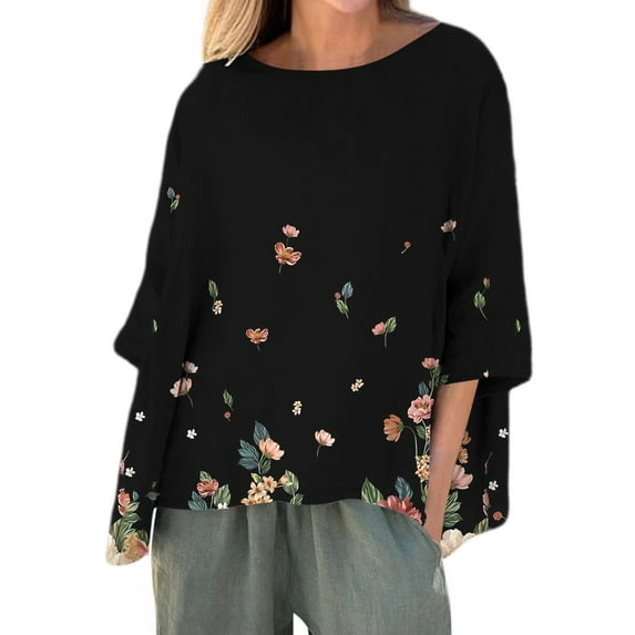 QIJUNTUO Long Sleeve Shirts for Women Linen Women Round Neck 3/4 Sleeve Loose Shirt Casual Loose Autumn Women T Shirt Top Summer S 3XL