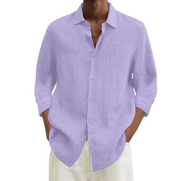 QIJUNTUO Male Summer Cotton Solid Casual Plus Size Loose Shirt Mens Turn Down Collar Long Sleeve Shirt Purple L