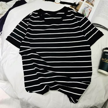 QIJUNTUO Mens Shirts Men'S Casual Crew Neck Slim Striped Short Sleeved T Shirt,Black XXL