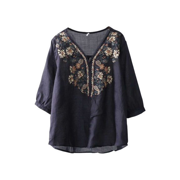QIJUNTUO Short Sleeve Shirts for Somen Floral Embroidered Tops Cotton Linen Shirts Boho Ethnic Style Tee Women 3/4 Sleeve V Neck Button Tunic Tshirt Cotton