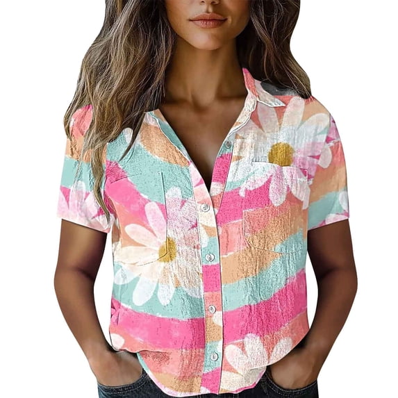 QIJUNTUO Short Sleeve Shirts for Somen Women Cotton Shirt Printed Fashion Down Shirts Casual Tops Short Sleeve Blouse