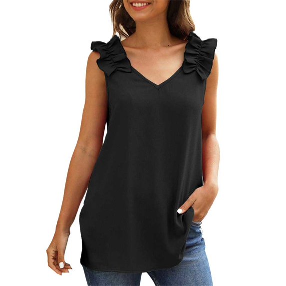 QIJUNTUO Short Sleeve Shirts for Somen Womens Ruffles Shoulder V Neck Sleeveless Casual Summer Blouse Tunic Tank Tops