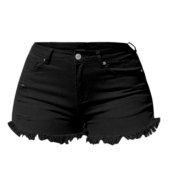 QIJUNTUO Spring/Summer Wash Vintage Worn Solid High Waist Beaded Edge Denim Shorts Jean Shorts for Women Black