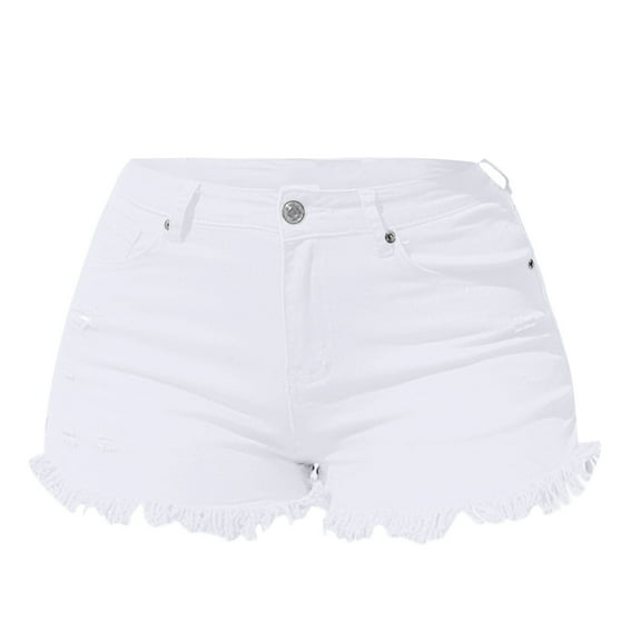 QIJUNTUO Spring/Summer Wash Vintage Worn Solid High Waist Beaded Edge Denim Shorts Jean Shorts for Women White