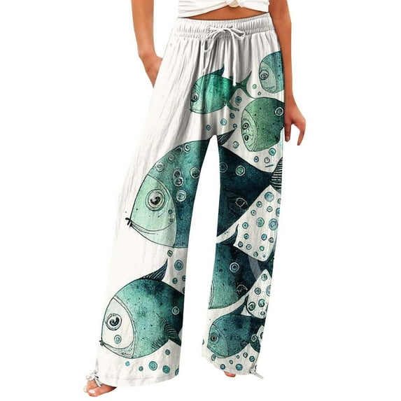 QIJUNTUO Vintage Art Print Cotton And Linen Casual Pants Wide Leg Trousers With Pockets Pants for Women Trendy Green