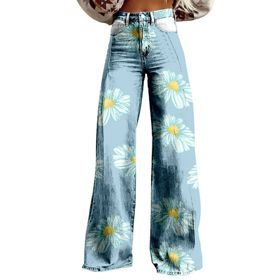 QIJUNTUO Wide Leg Pant Vintage Floral Print High Waisted Straight Stretch Pants With Pockets Straight Leg Pants for Women Blue