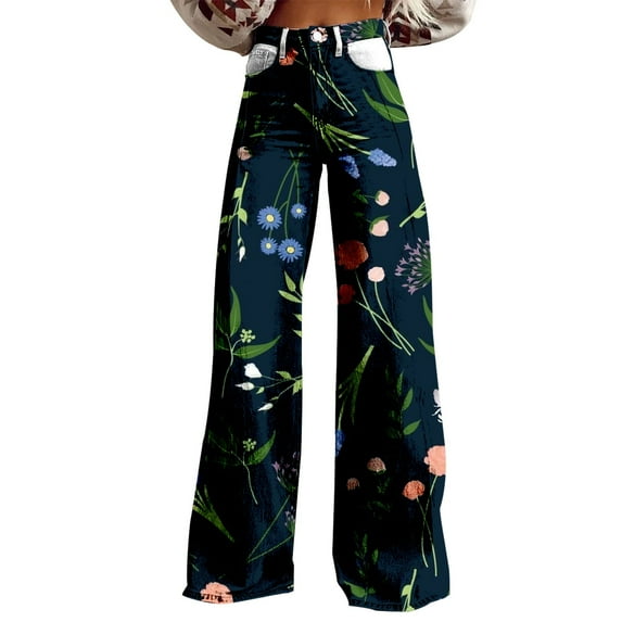 QIJUNTUO Wide Leg Pant Vintage Floral Print High Waisted Straight Stretch Pants With Pockets Straight Leg Pants for Women Navy