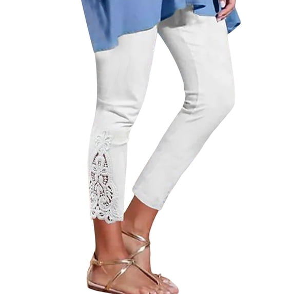 QIJUNTUO Women Lace Detail Yoga Leggings 2025 Trend Plus Size High Waist Capri Pants Breathable Holiday Beach Performance Gear White