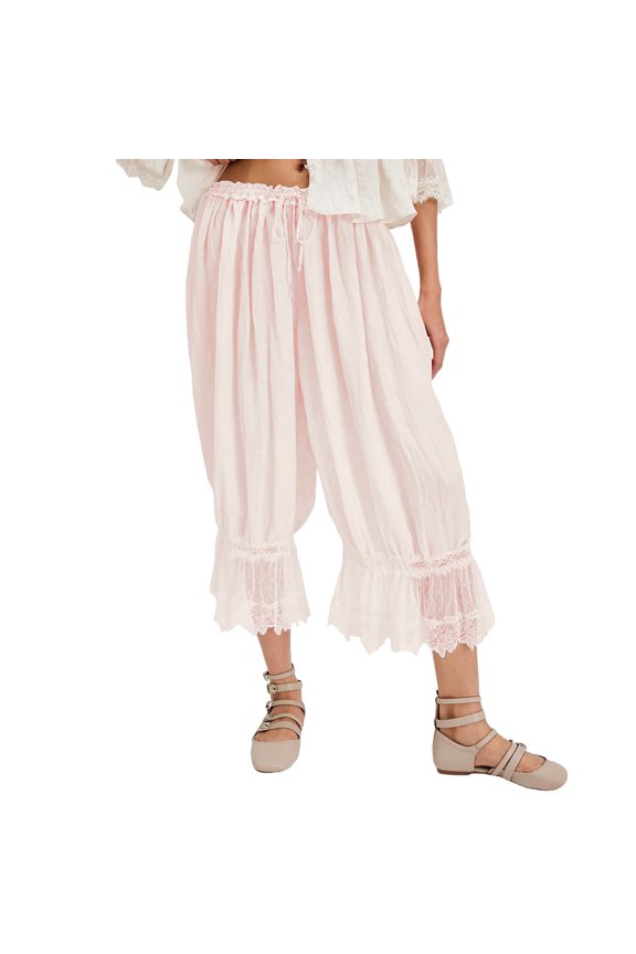 Women Vintage Lace Trim Pantaloons With Ruffle Hem Elastic Waist For Comfortable Slips Under Dresses Sleepwear Bloomers L