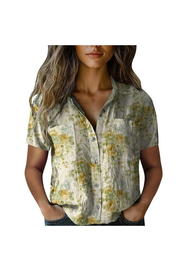 Women's Business Casual Button Down Shirt Short Sleeve Collared Blouse With Chest Pocket For Office Professional Attire White