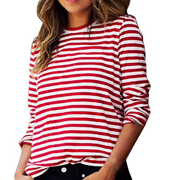 QIJUNTUO Women's Classic Striped Long Sleeve T-Shirt Comfortable Casual Top For Autumn Layering And Everyday Fashion Red